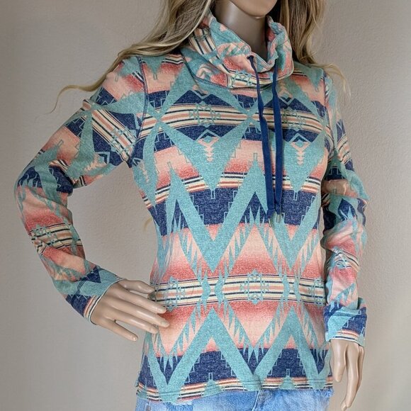 American Living Cowl Neck Aztec Top Womens Medium Lightweight Long Sleeve - Picture 2 of 16